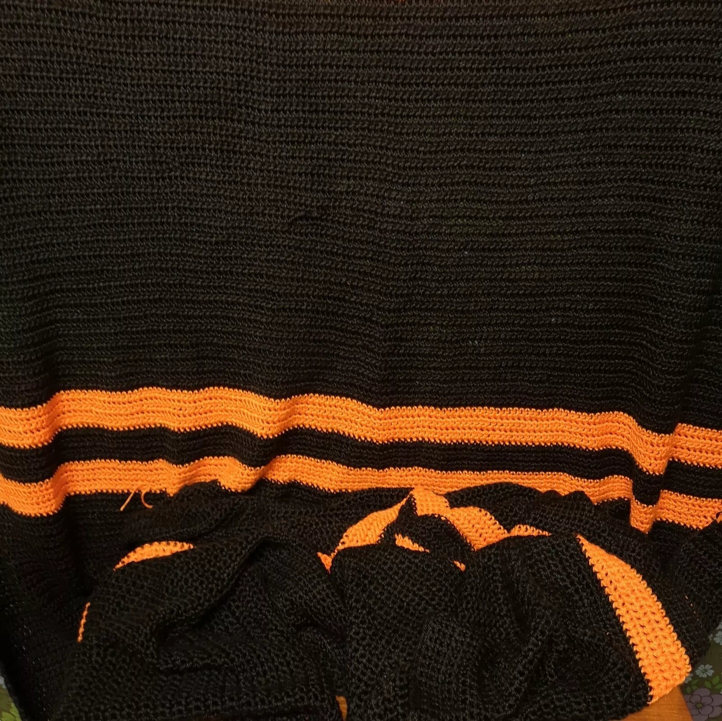 Black Orange Stripe Retro Knitted Crochet Single Double Blanket Throw Bedspread