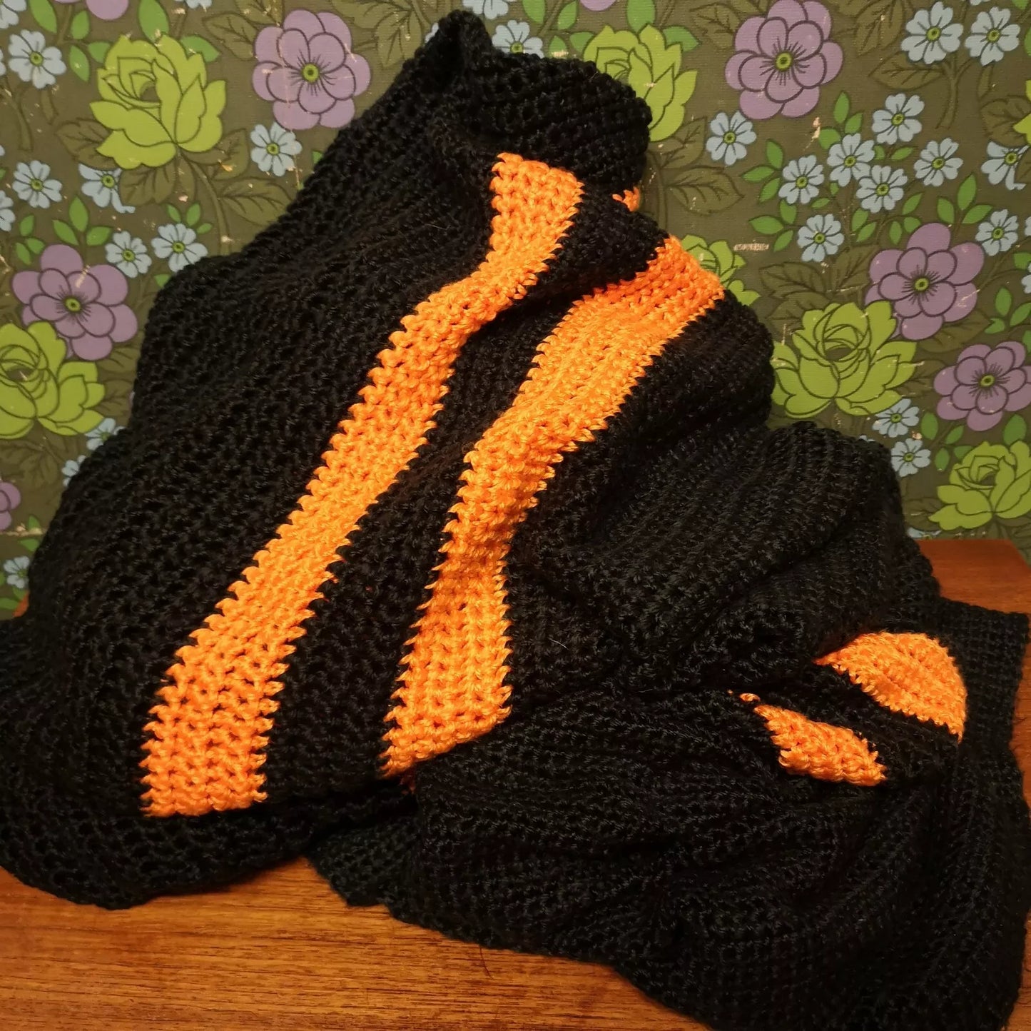 Black Orange Stripe Retro Knitted Crochet Single Double Blanket Throw Bedspread