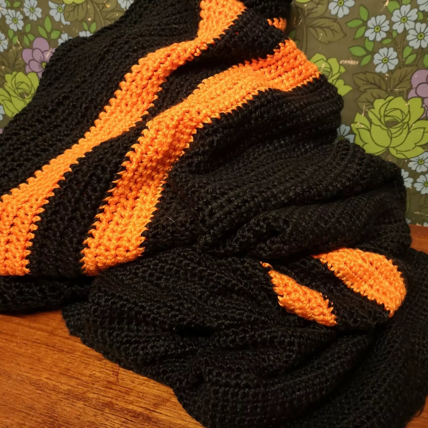 Black Orange Stripe Retro Knitted Crochet Single Double Blanket Throw Bedspread