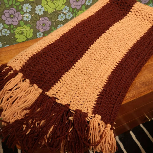 Brown 70's Vibes Stripy Vintage Knitted Crochet Blanket Throw Bedspread