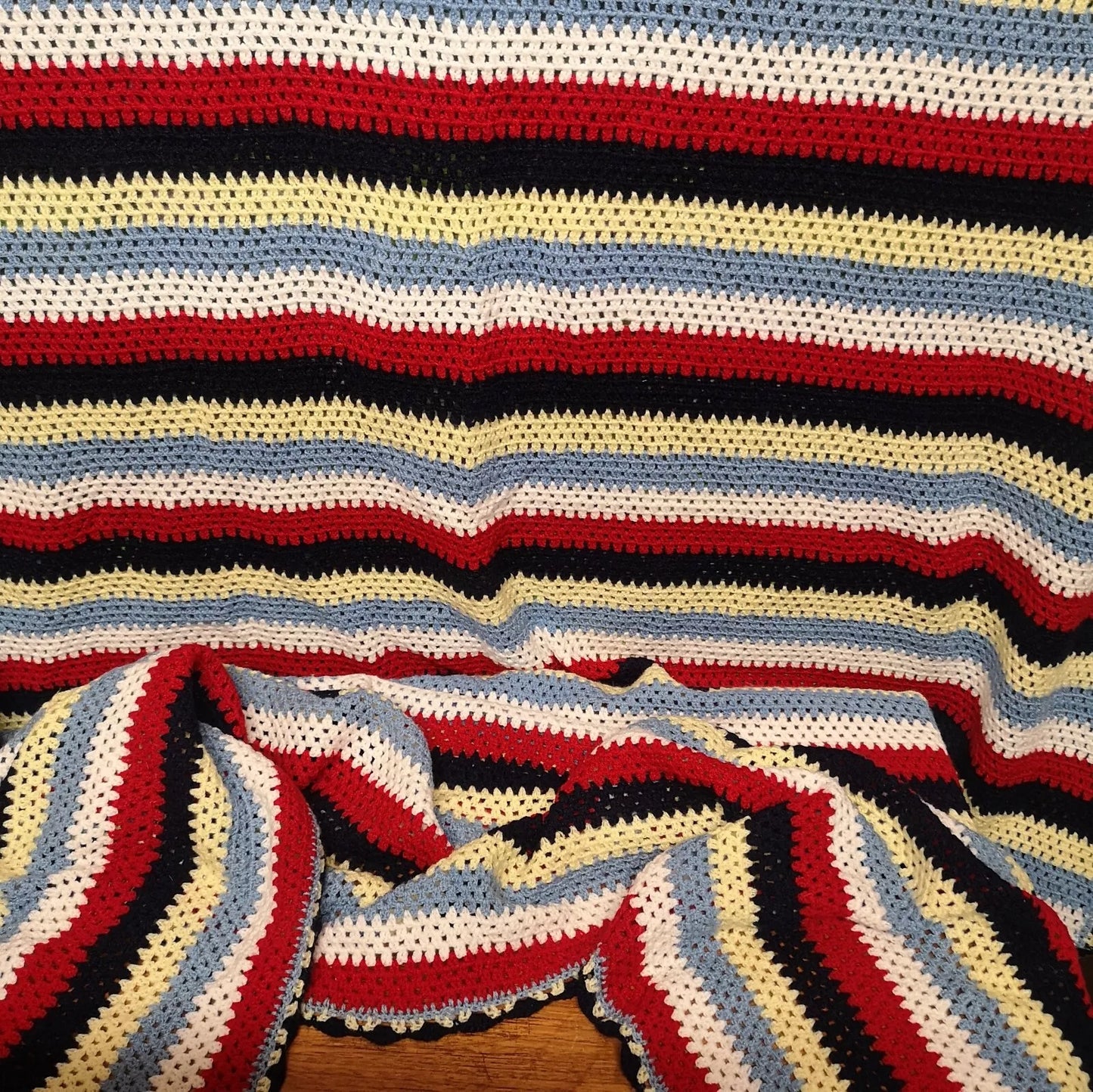 Blue Red Yellow Stripy Vintage Knitted Crochet Single Bedspread Blanket Throw