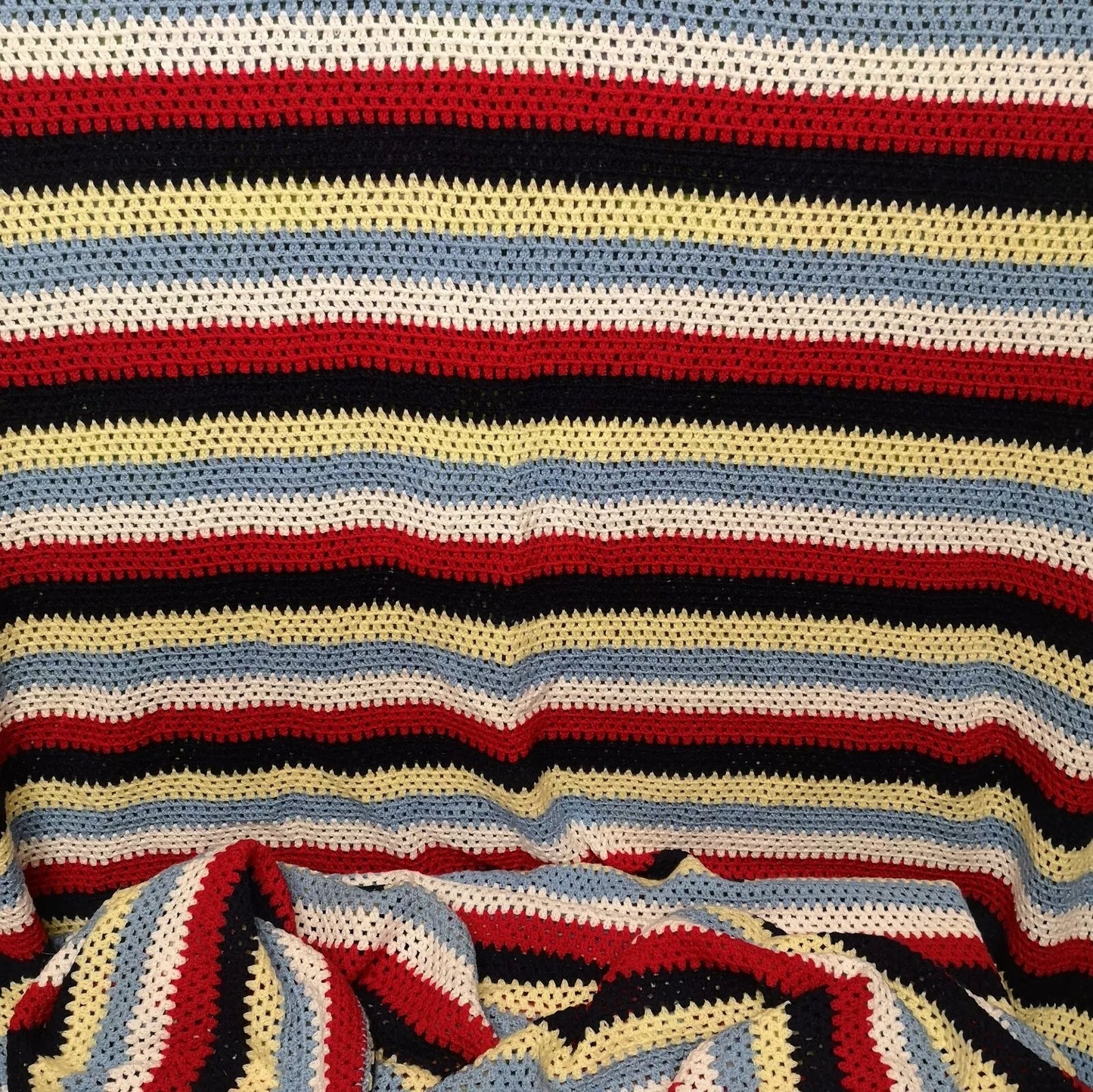 Blue Red Yellow Stripy Vintage Knitted Crochet Single Bedspread Blanket Throw