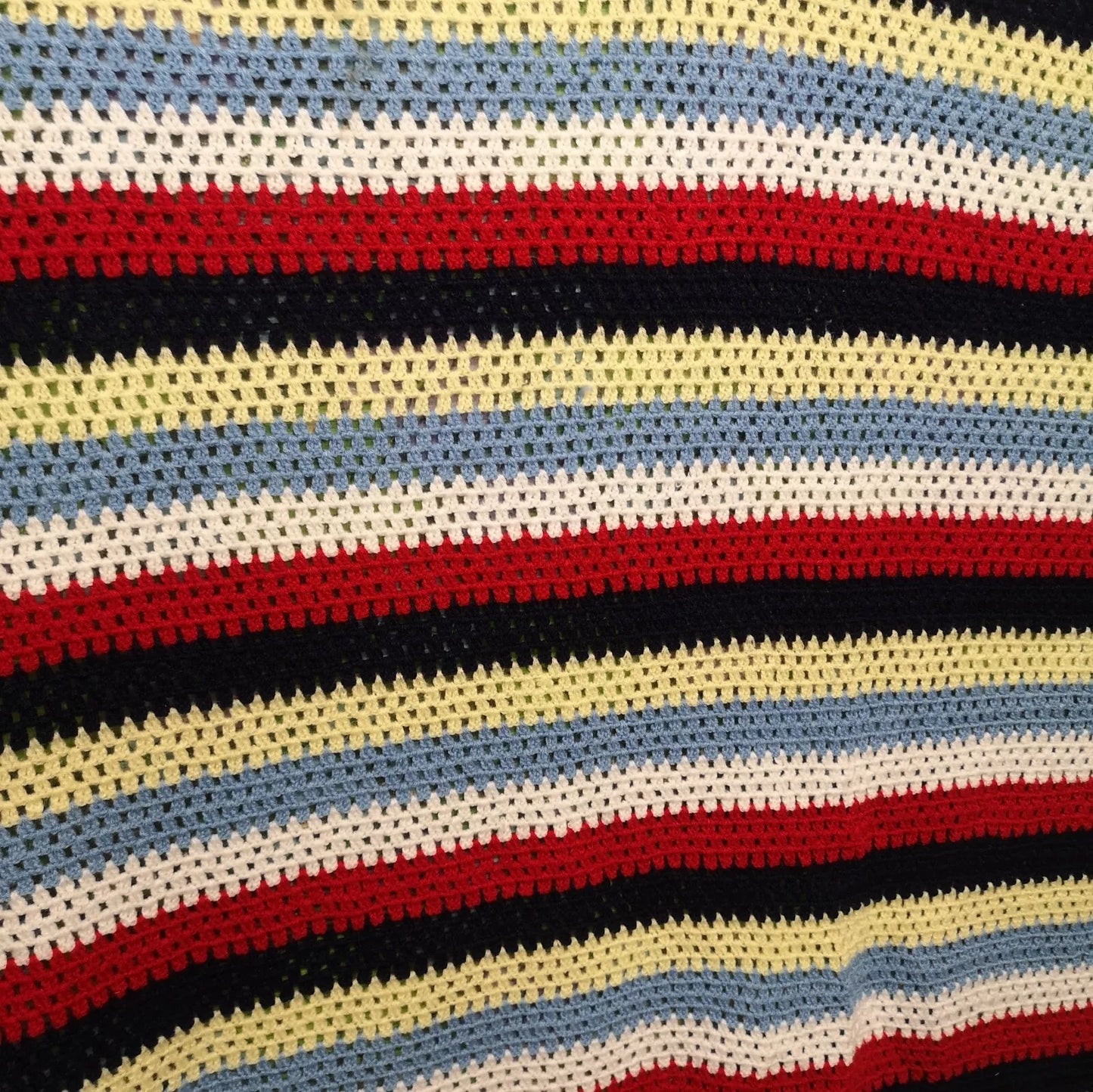 Blue Red Yellow Stripy Vintage Knitted Crochet Single Bedspread Blanket Throw