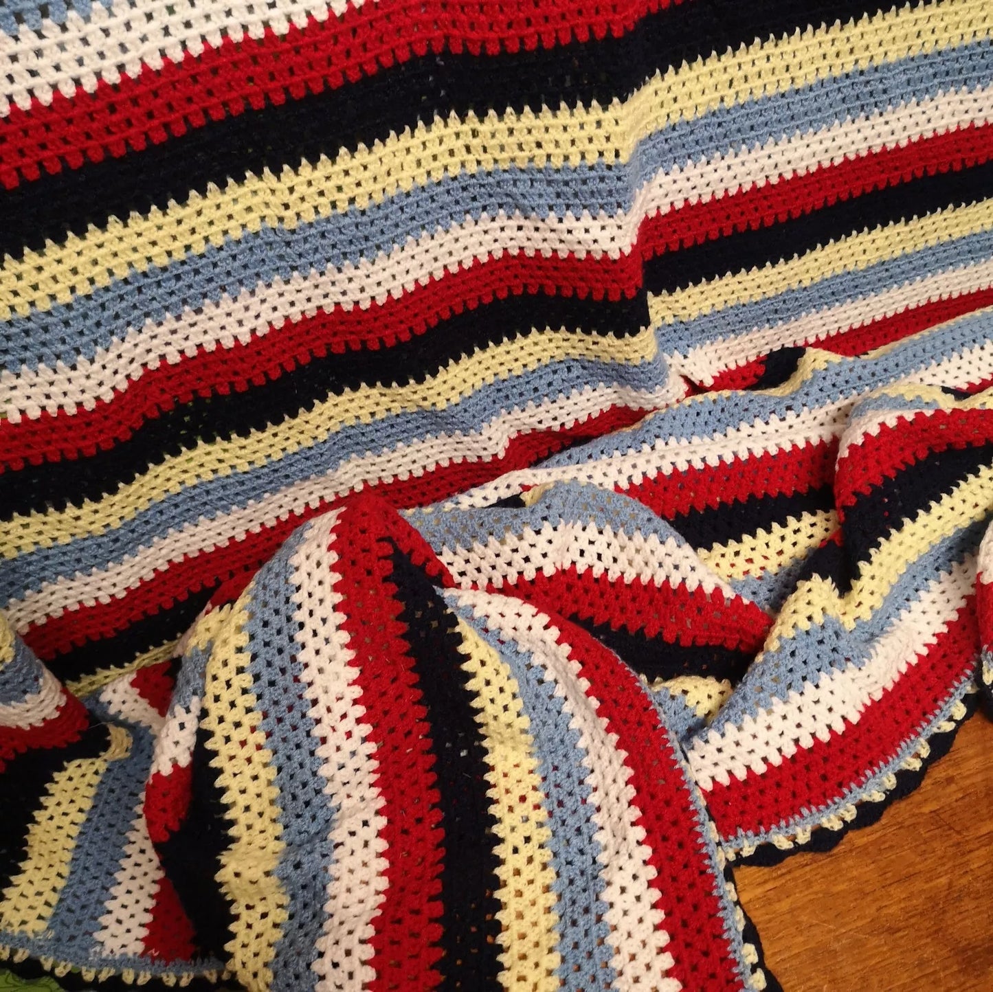 Blue Red Yellow Stripy Vintage Knitted Crochet Single Bedspread Blanket Throw