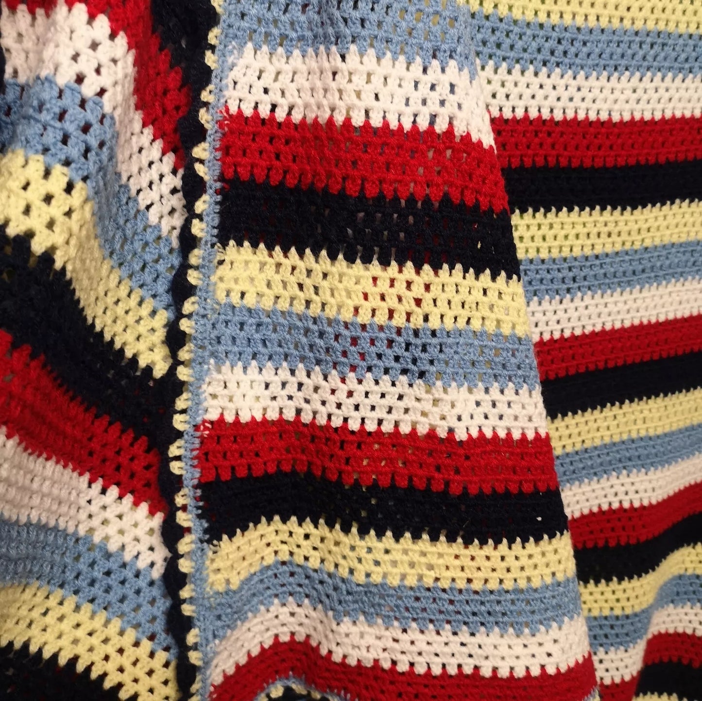 Blue Red Yellow Stripy Vintage Knitted Crochet Single Bedspread Blanket Throw