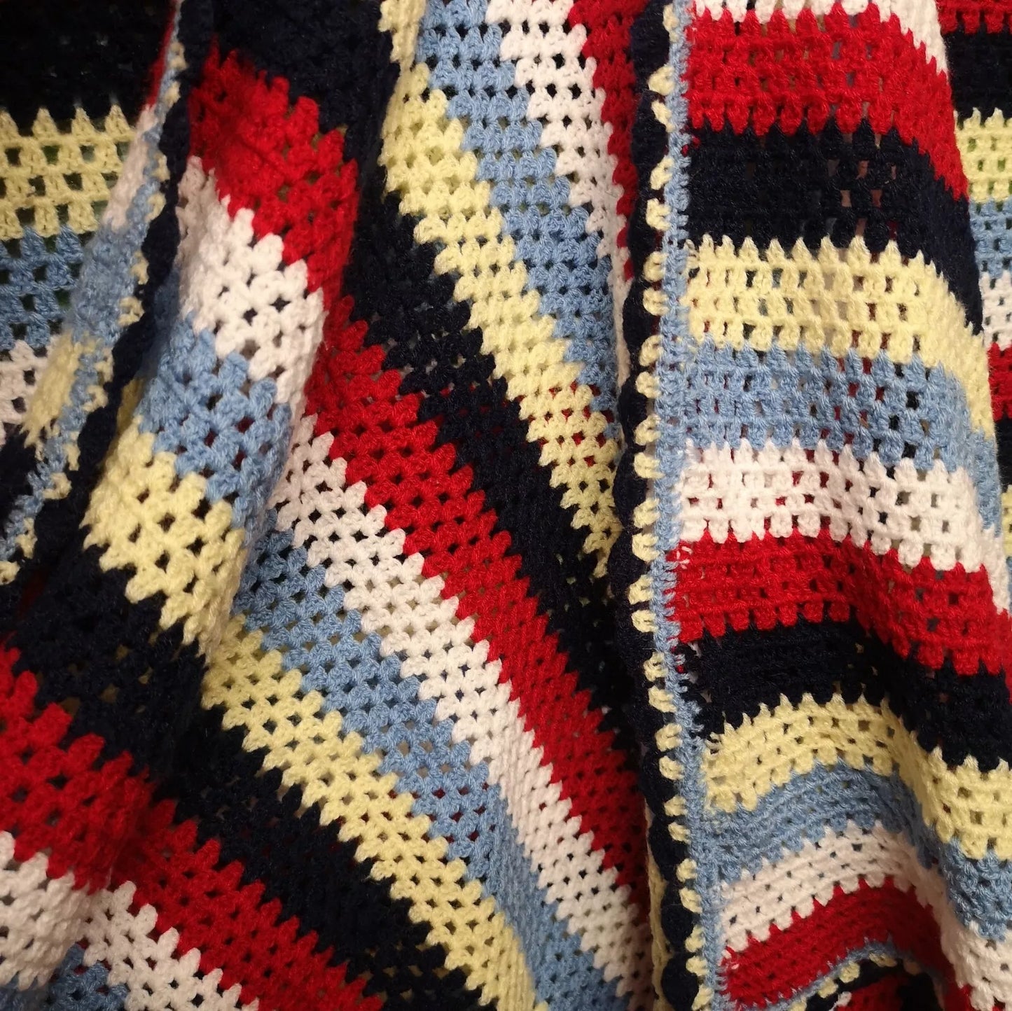 Blue Red Yellow Stripy Vintage Knitted Crochet Single Bedspread Blanket Throw