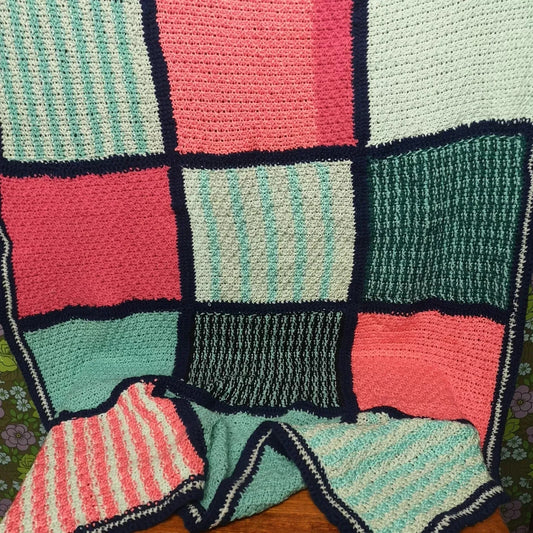 Vintage Pink Blue Patchwork Knitted Crochet Wool Blanket Throw