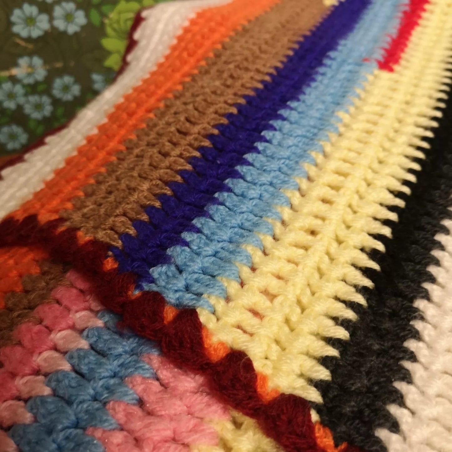 Large Stripy Bright Vintage Knitted Crochet Wool Blanket Throw