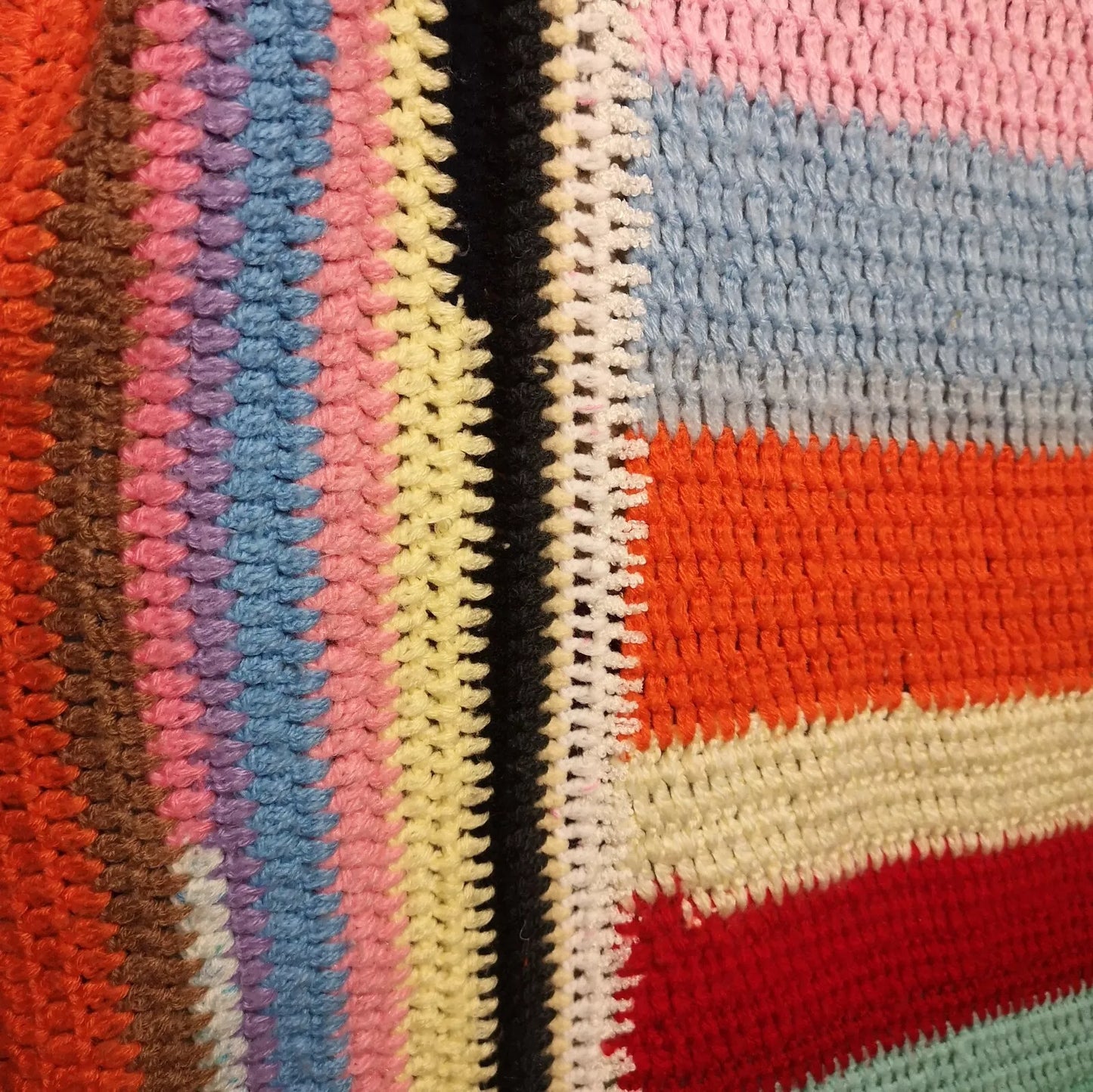 Large Stripy Bright Vintage Knitted Crochet Wool Blanket Throw