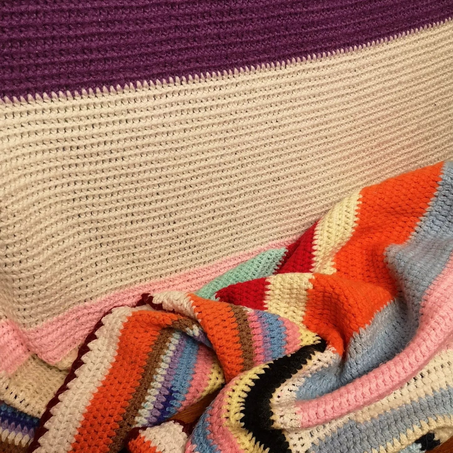 Large Stripy Bright Vintage Knitted Crochet Wool Blanket Throw