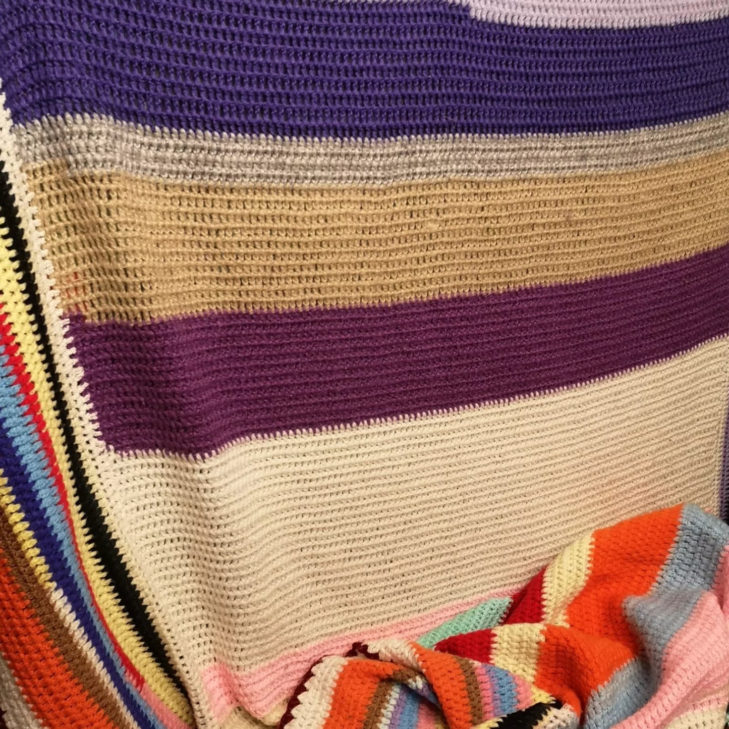 Large Stripy Bright Vintage Knitted Crochet Wool Blanket Throw