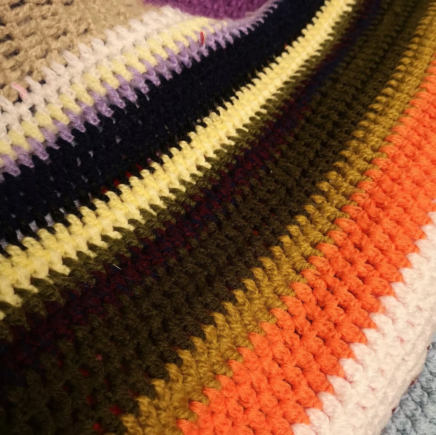 Large Stripy Bright Vintage Knitted Crochet Wool Blanket Throw