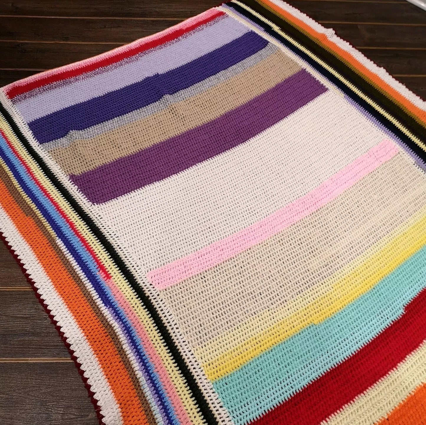 Large Stripy Bright Vintage Knitted Crochet Wool Blanket Throw