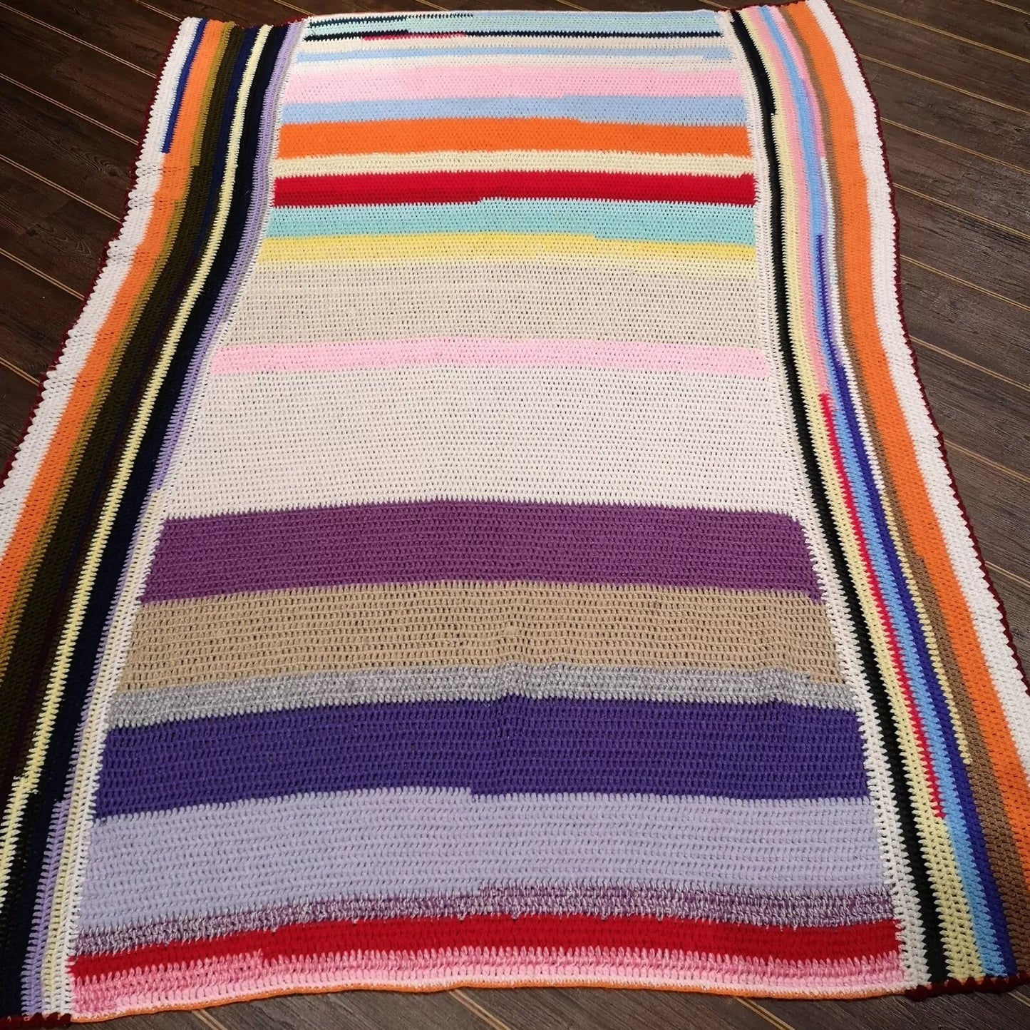 Large Stripy Bright Vintage Knitted Crochet Wool Blanket Throw