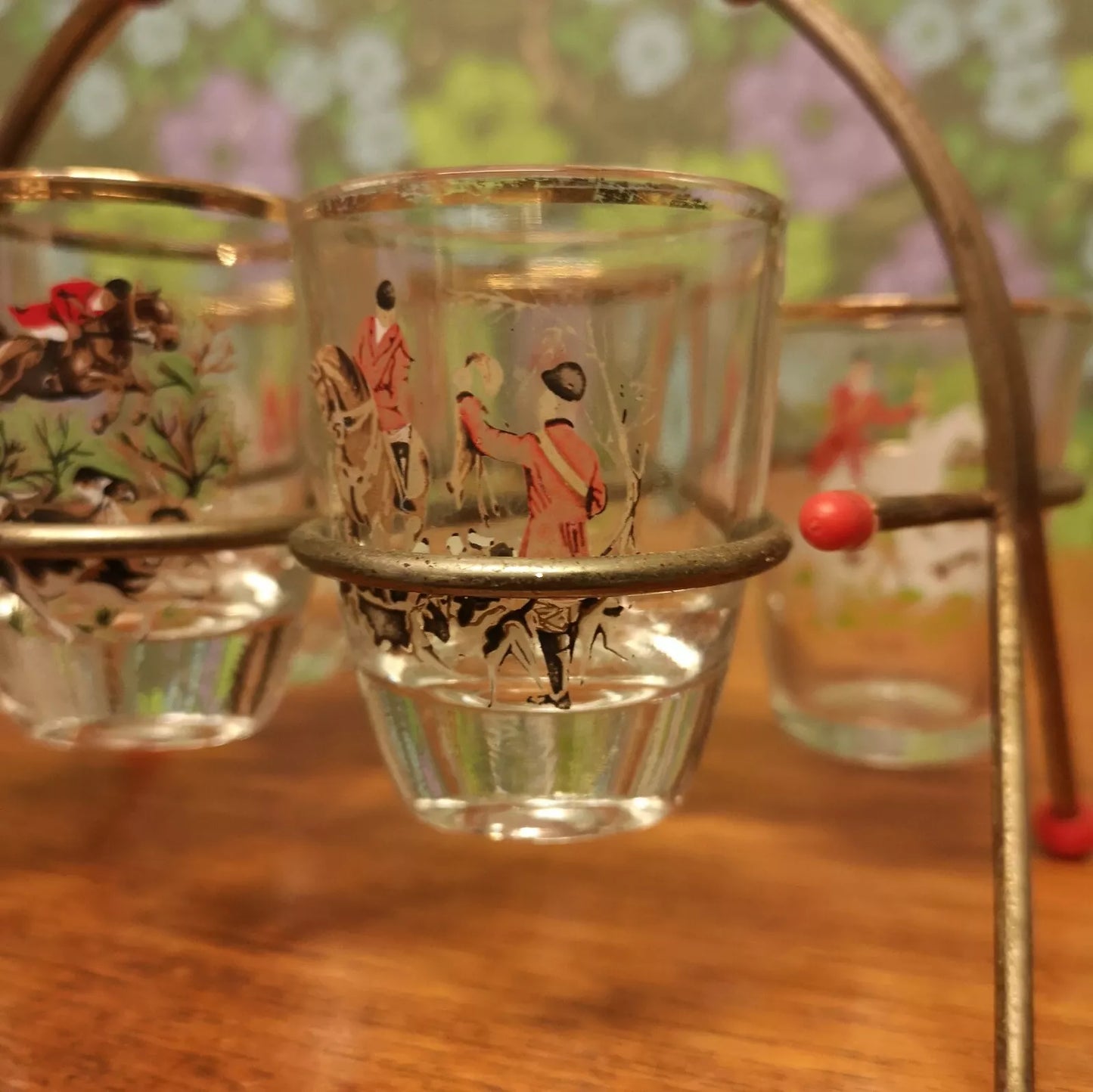 Vintage Set of 6 Shot Glasses in a Retro 50's Atomic Metal Stand