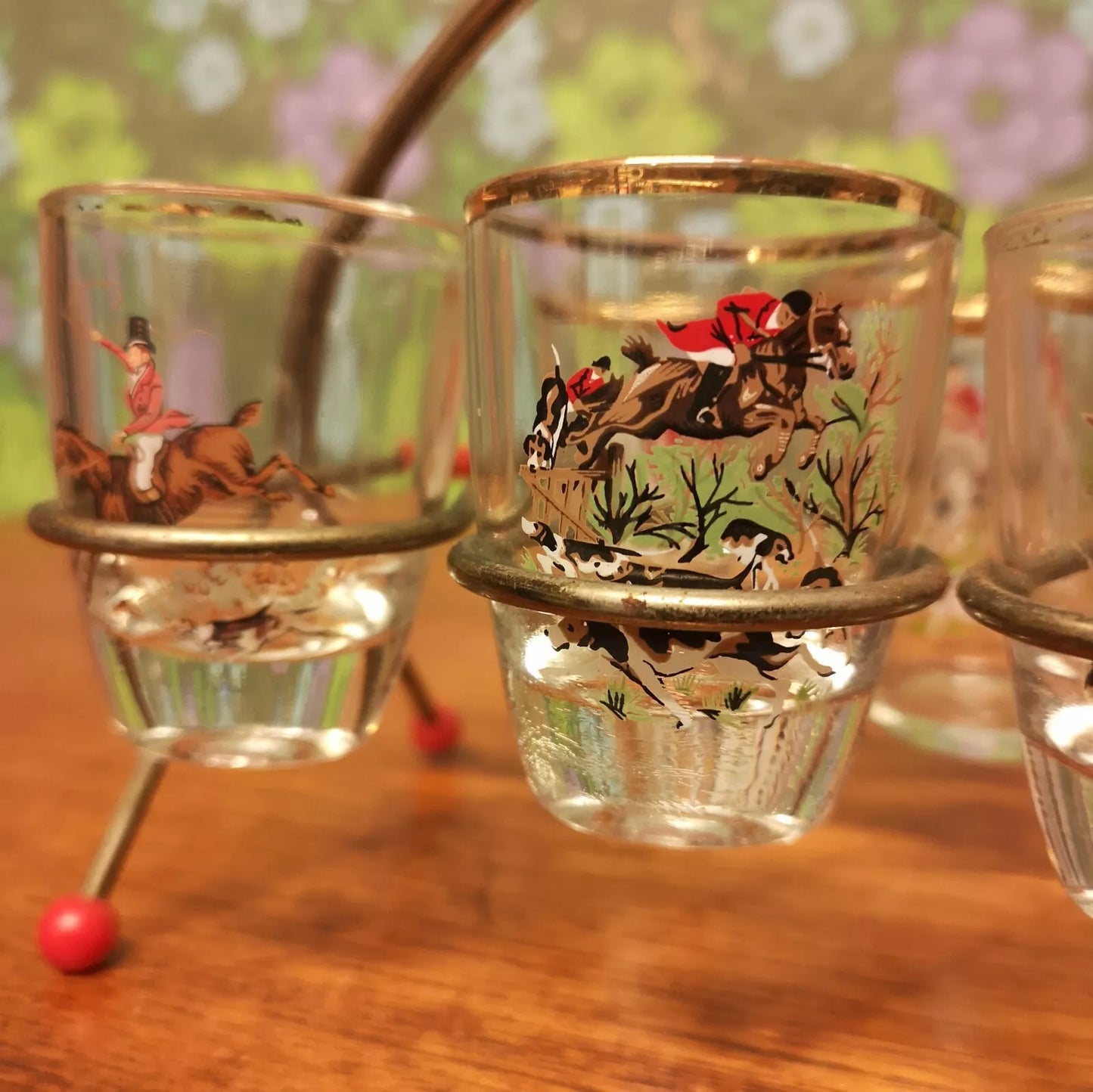 Vintage Set of 6 Shot Glasses in a Retro 50's Atomic Metal Stand