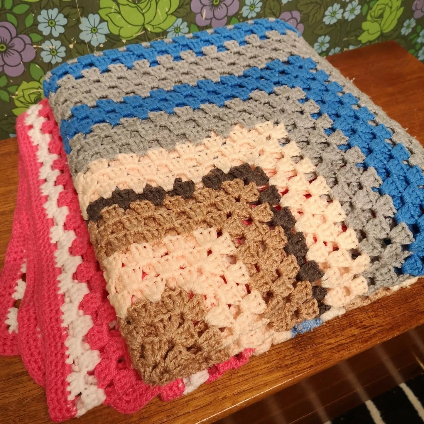 Granny Square Pink Blue Stripy Vintage Knitted Crochet Blanket Throw Bedspread