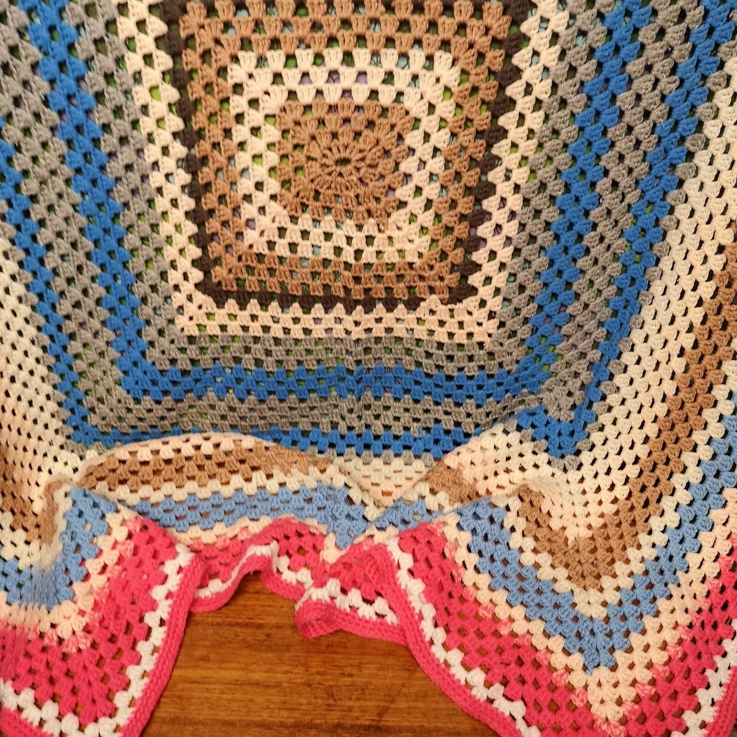 Granny Square Pink Blue Stripy Vintage Knitted Crochet Blanket Throw Bedspread