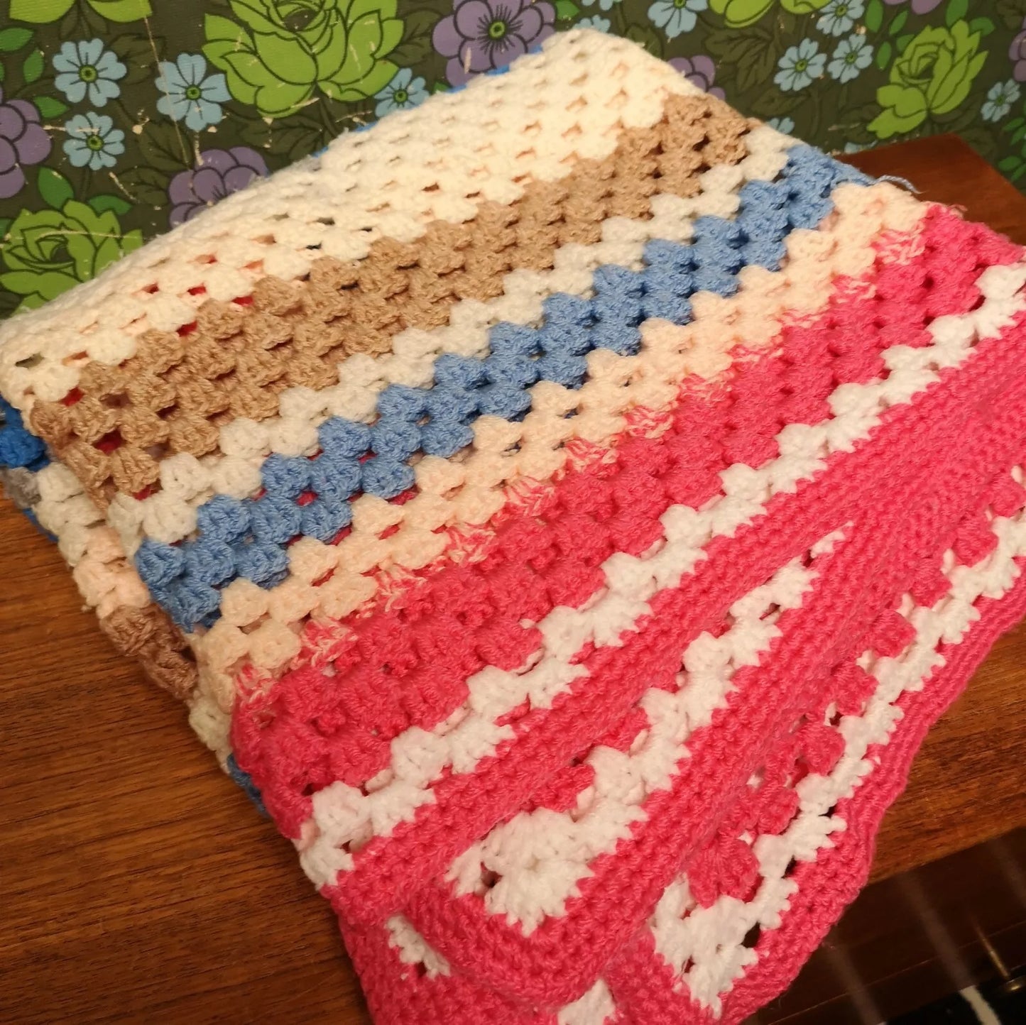 Granny Square Pink Blue Stripy Vintage Knitted Crochet Blanket Throw Bedspread