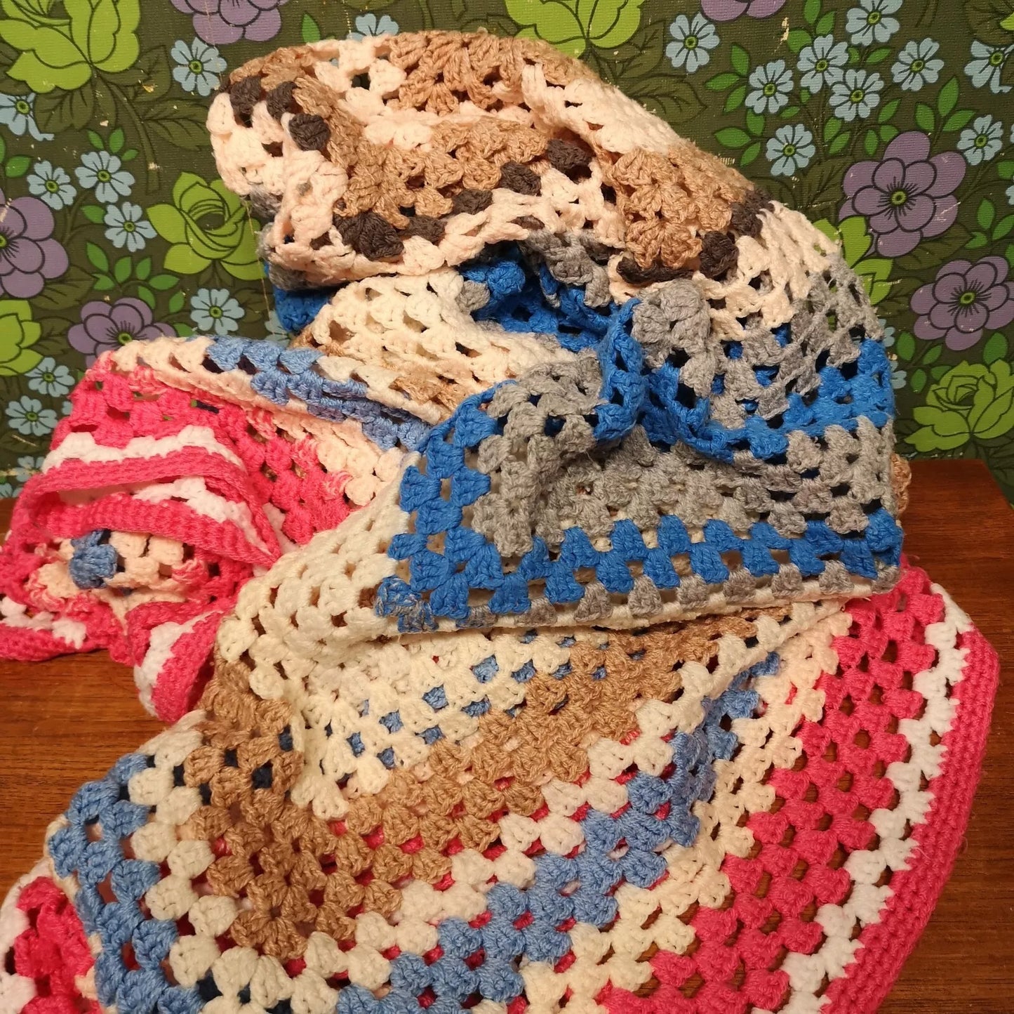 Granny Square Pink Blue Stripy Vintage Knitted Crochet Blanket Throw Bedspread