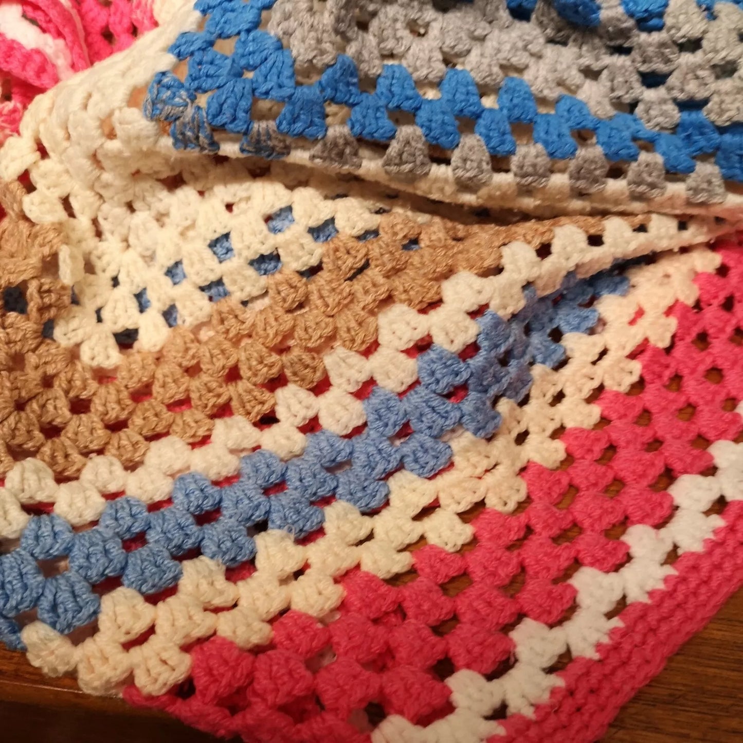 Granny Square Pink Blue Stripy Vintage Knitted Crochet Blanket Throw Bedspread