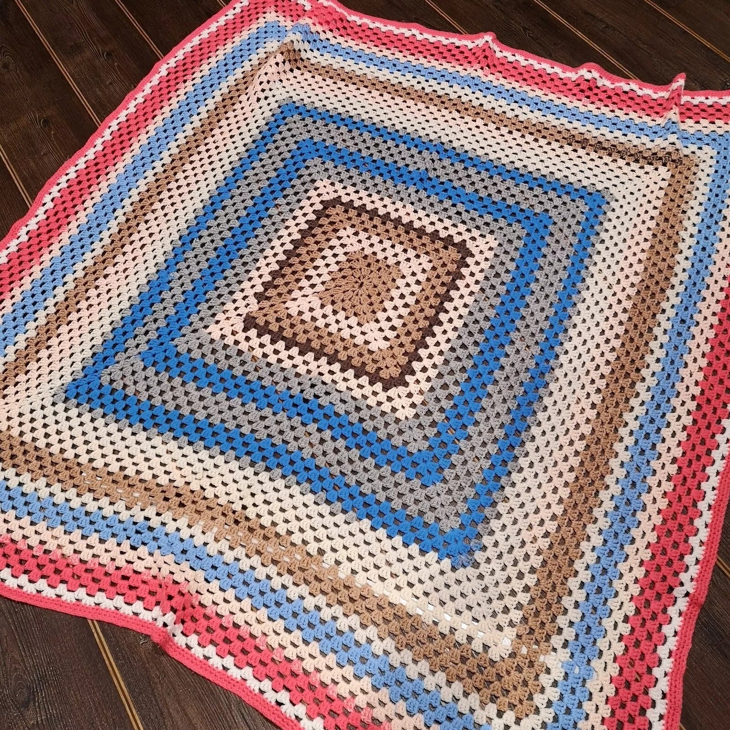 Granny Square Pink Blue Stripy Vintage Knitted Crochet Blanket Throw Bedspread