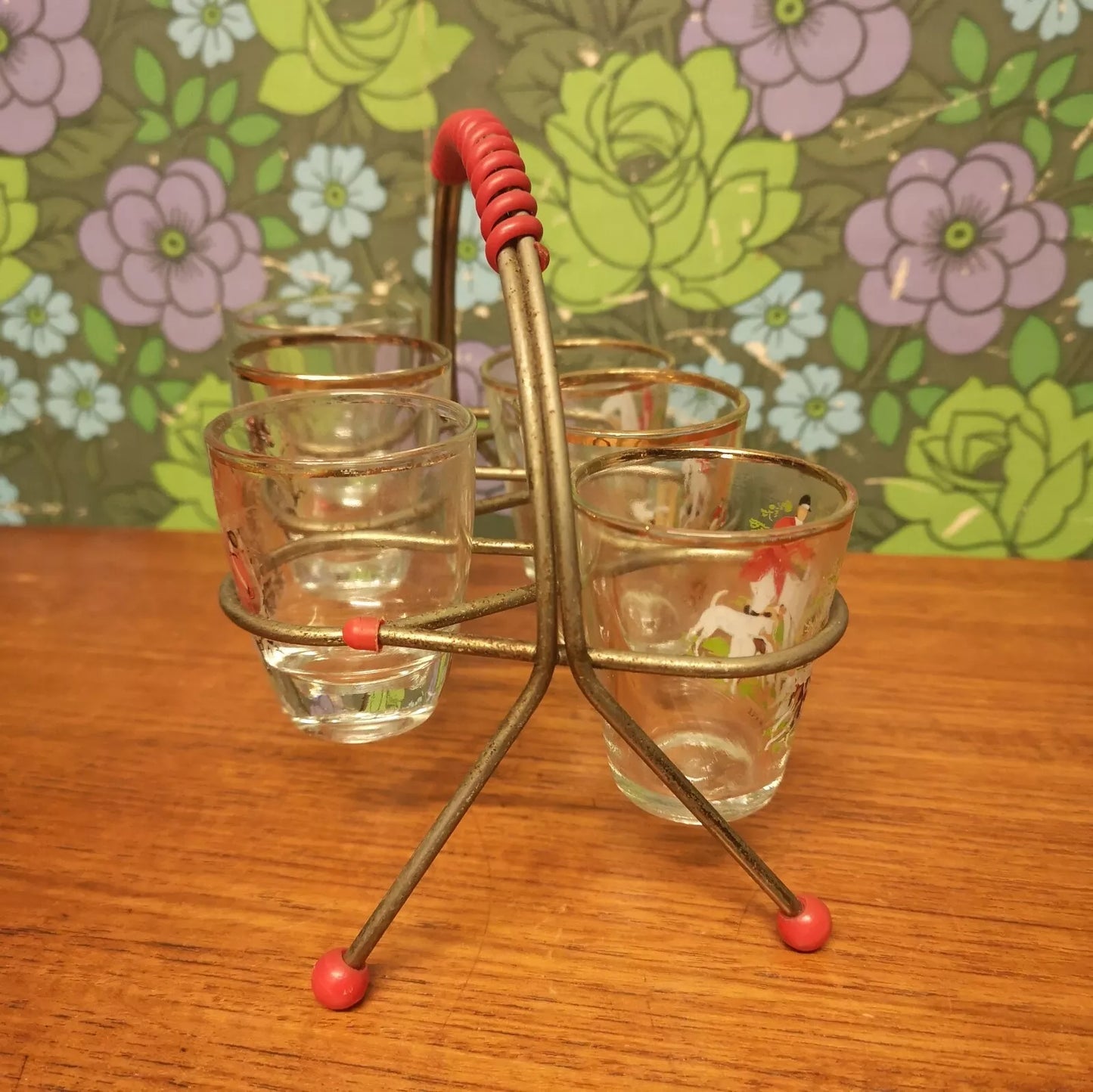 Vintage Set of 6 Shot Glasses in a Retro 50's Atomic Metal Stand