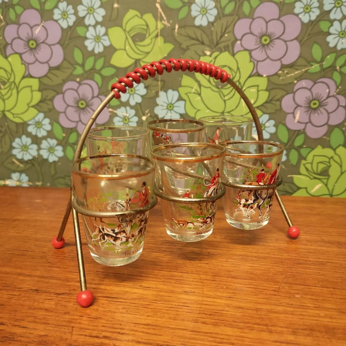 Vintage Set of 6 Shot Glasses in a Retro 50's Atomic Metal Stand