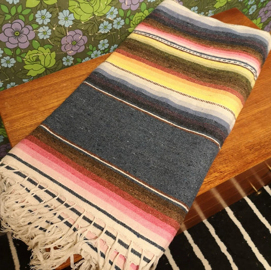 Vintage Mexican Saltillo Woven Stripy Blue Cotton Blanket / Throw