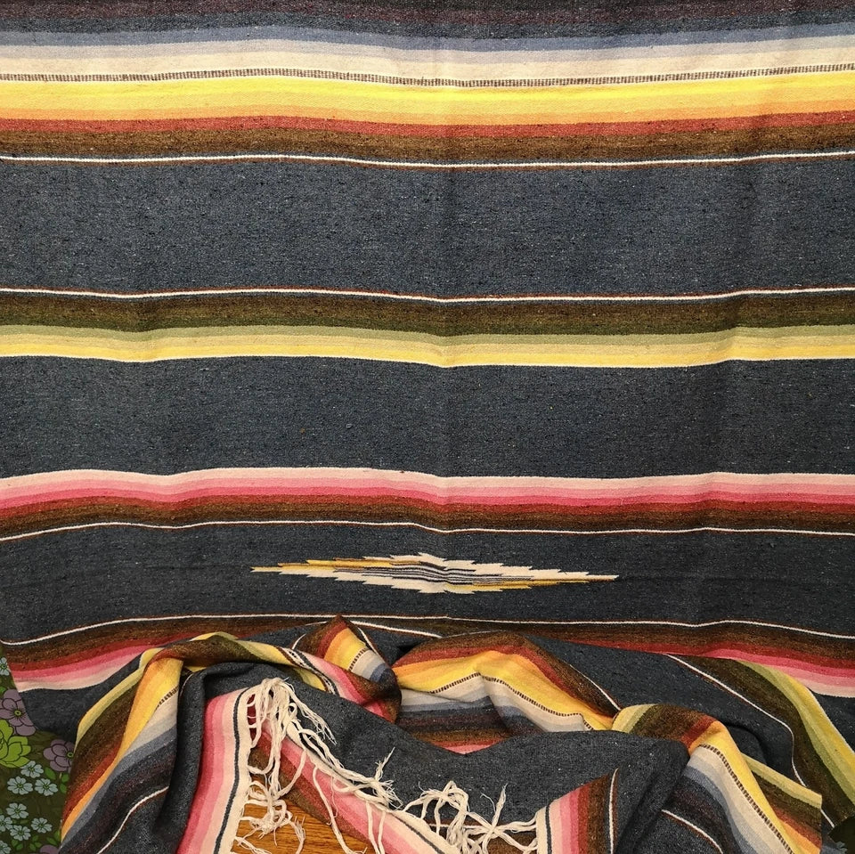 Vintage Mexican Saltillo Woven Stripy Blue Cotton Blanket / Throw