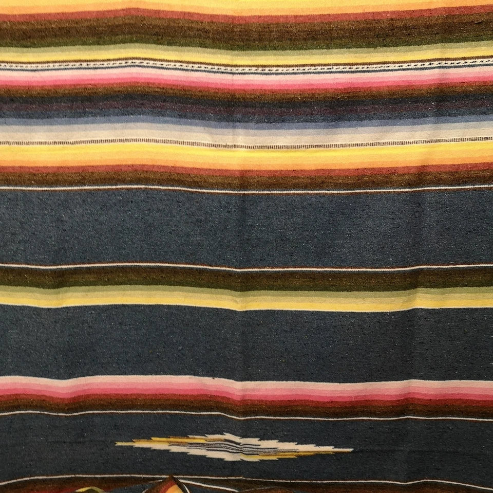 Vintage Mexican Saltillo Woven Stripy Blue Cotton Blanket / Throw