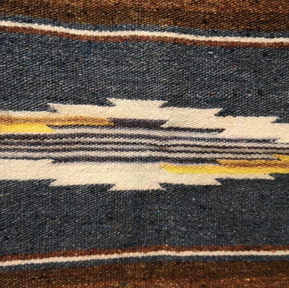 Vintage Mexican Saltillo Woven Stripy Blue Cotton Blanket / Throw