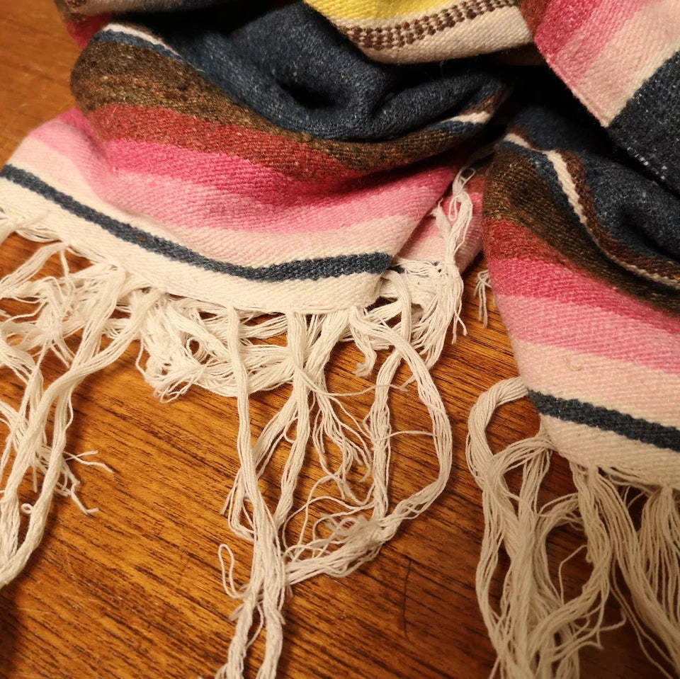 Vintage Mexican Saltillo Woven Stripy Blue Cotton Blanket / Throw