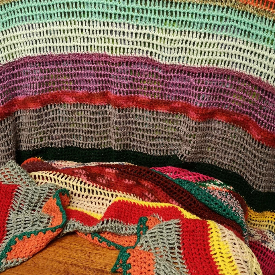 Bright Stripy Double Vintage Knitted Crochet Wool Mix Blanket Throw Bedspread