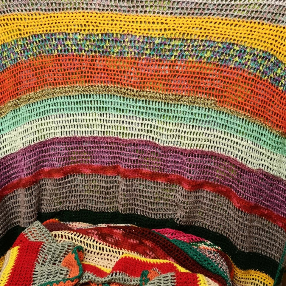 Bright Stripy Double Vintage Knitted Crochet Wool Mix Blanket Throw Bedspread