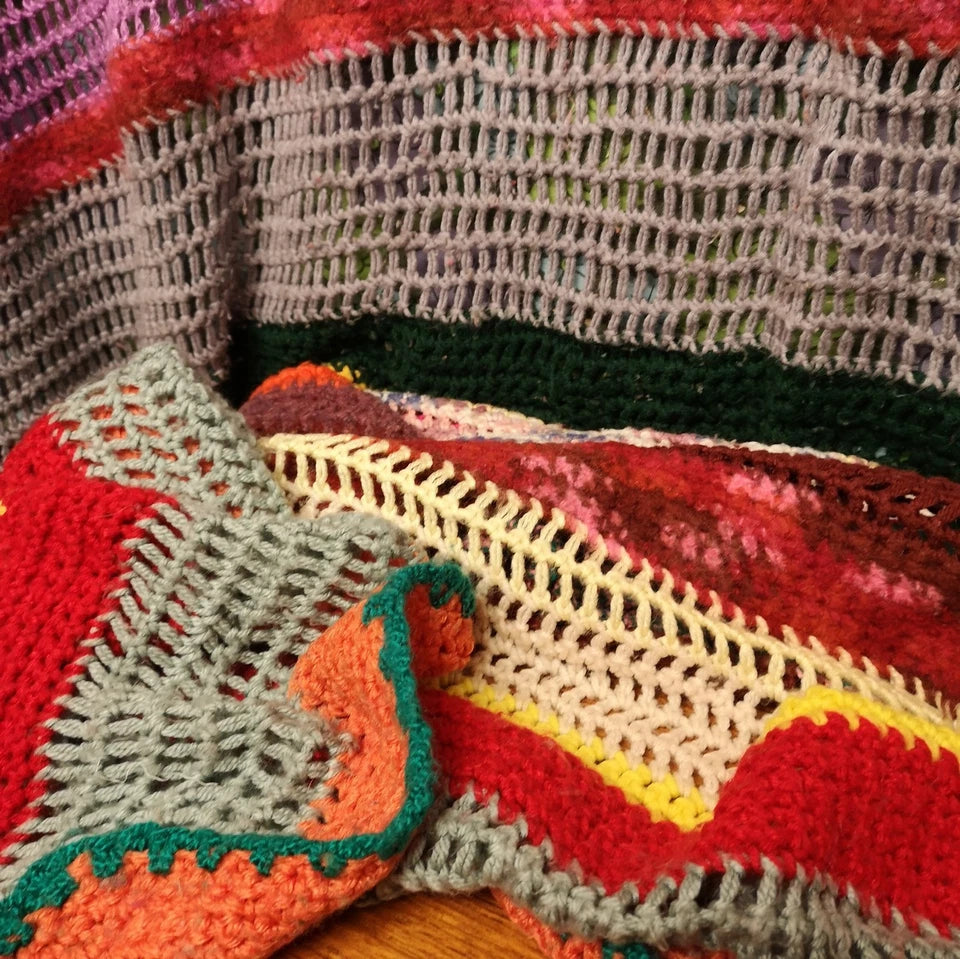 Bright Stripy Double Vintage Knitted Crochet Wool Mix Blanket Throw Bedspread