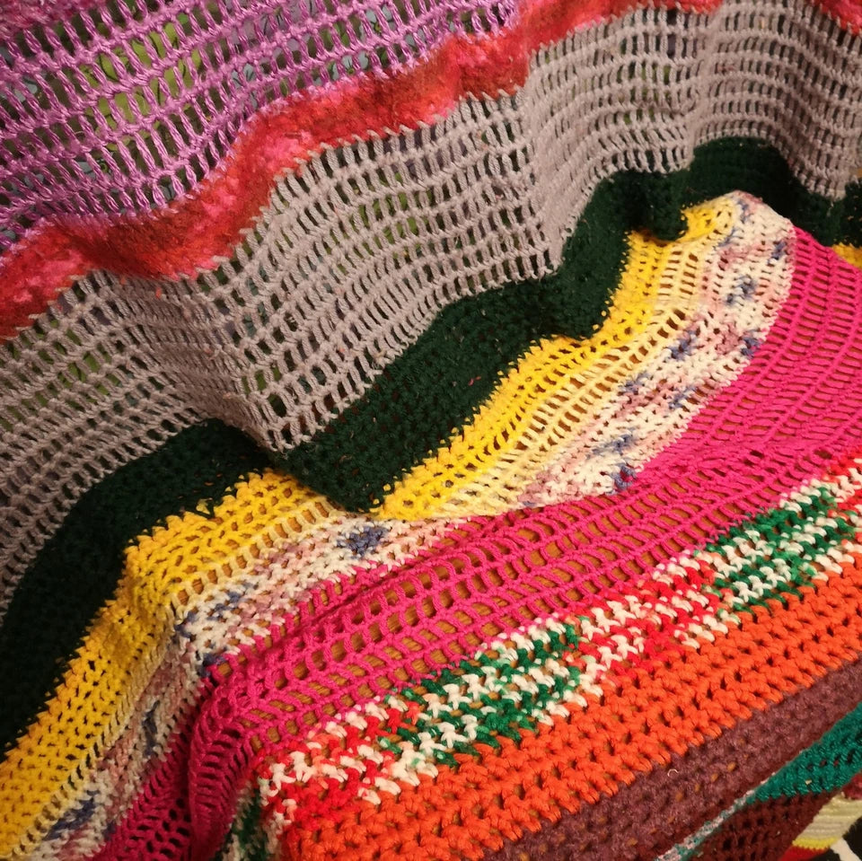 Bright Stripy Double Vintage Knitted Crochet Wool Mix Blanket Throw Bedspread