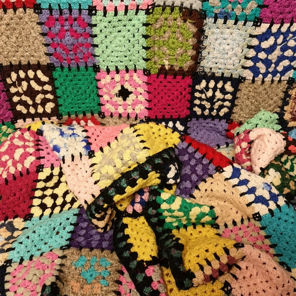 Huge Vintage Knitted Crochet Granny Squares Patchwork Blanket Throw Bedspread