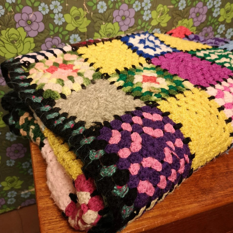 Huge Vintage Knitted Crochet Granny Squares Patchwork Blanket Throw Bedspread