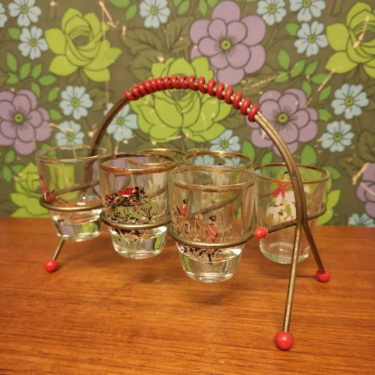 Vintage Set of 6 Shot Glasses in a Retro 50's Atomic Metal Stand