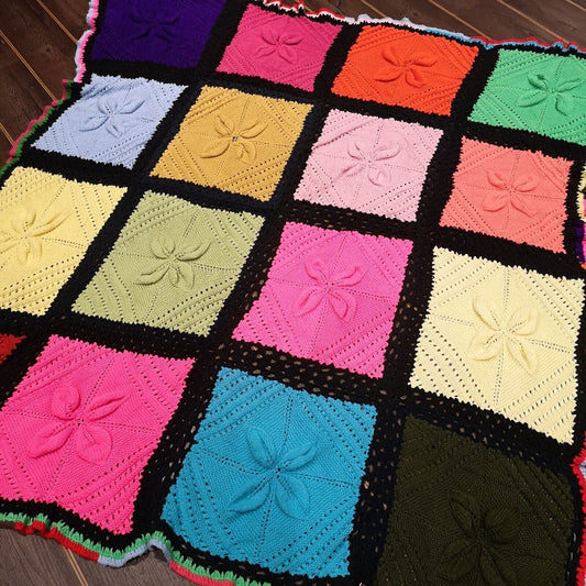 Bright Vintage Knitted Bedspread Crochet Wool Blanket Throw 80"x64"