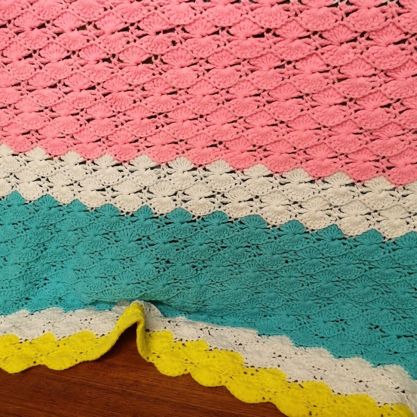 Bright Stripy Vintage Knitted Crochet Wool Lap/Pram Blanket / Throw