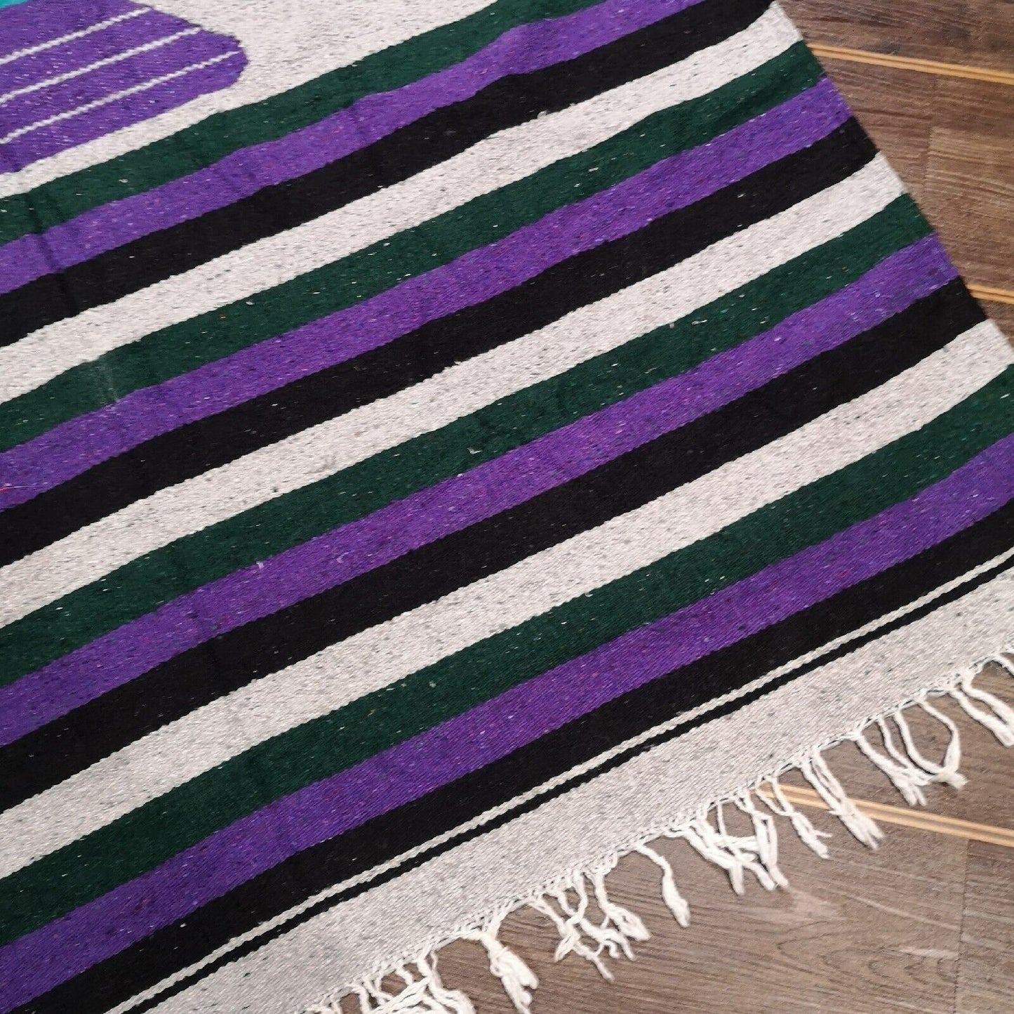 Native Head Purple Green Yellow Mexican Woven Stripy Falsa Yoga Blanket / Throw