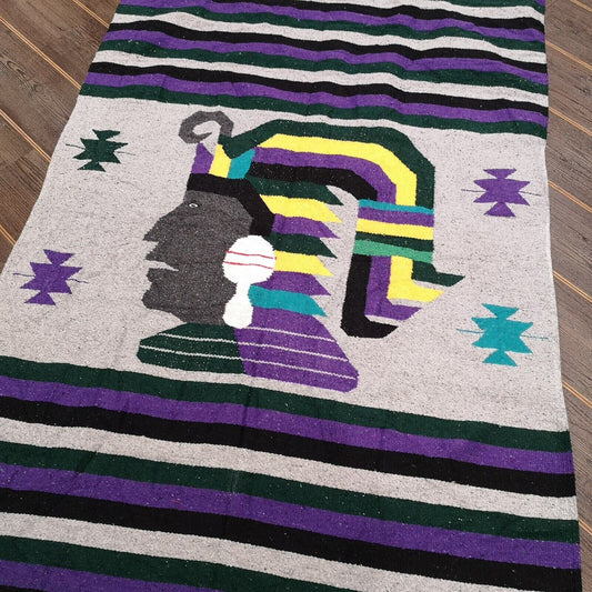 Native Head Purple Green Yellow Mexican Woven Stripy Falsa Yoga Blanket / Throw