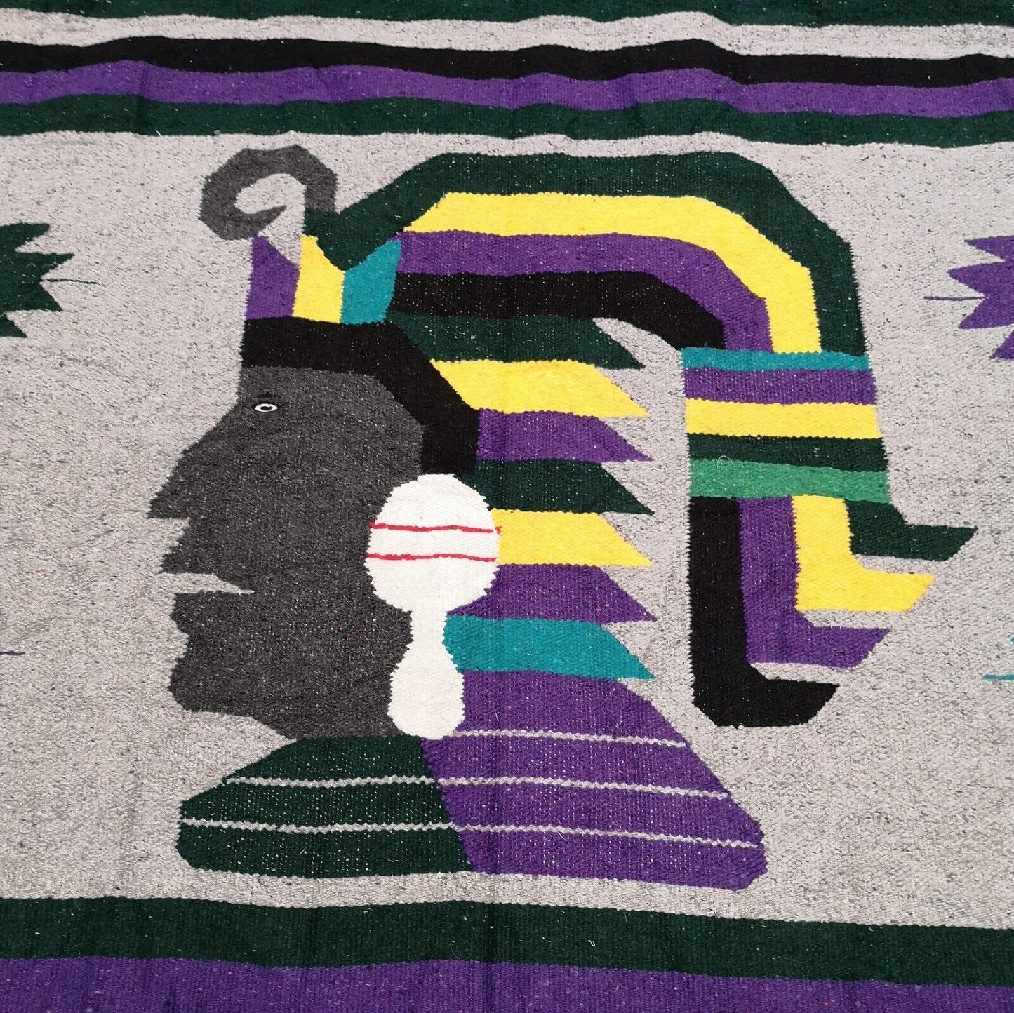 Native Head Purple Green Yellow Mexican Woven Stripy Falsa Yoga Blanket / Throw