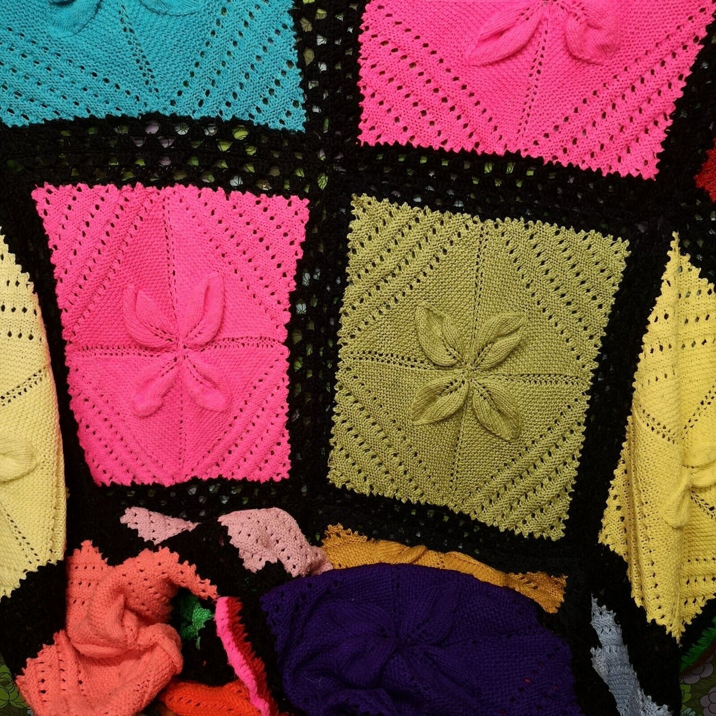 Bright Vintage Knitted Bedspread Crochet Wool Blanket Throw 80"x64"