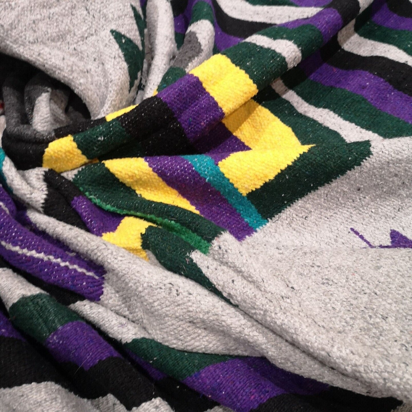 Native Head Purple Green Yellow Mexican Woven Stripy Falsa Yoga Blanket / Throw