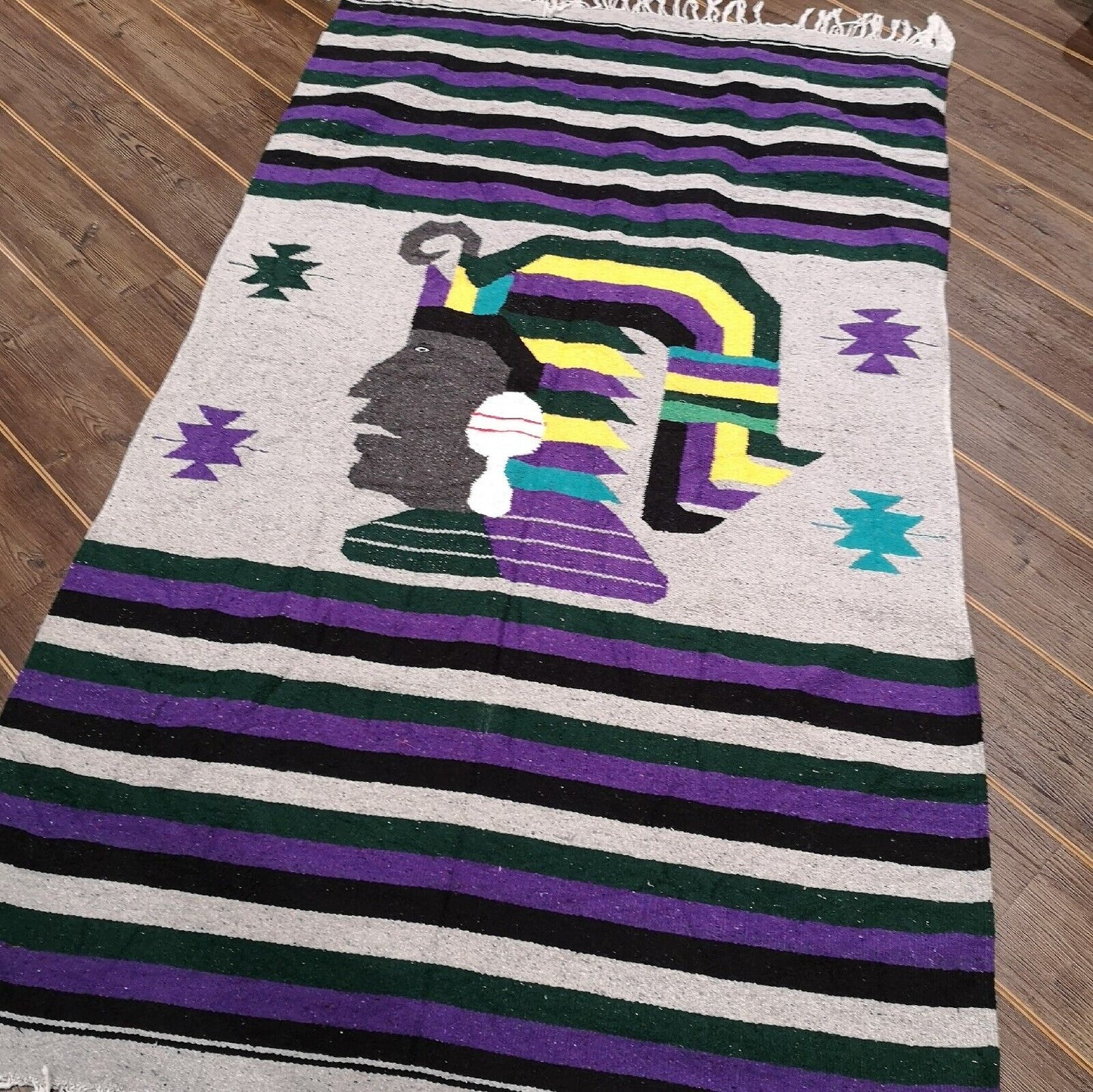 Native Head Purple Green Yellow Mexican Woven Stripy Falsa Yoga Blanket / Throw