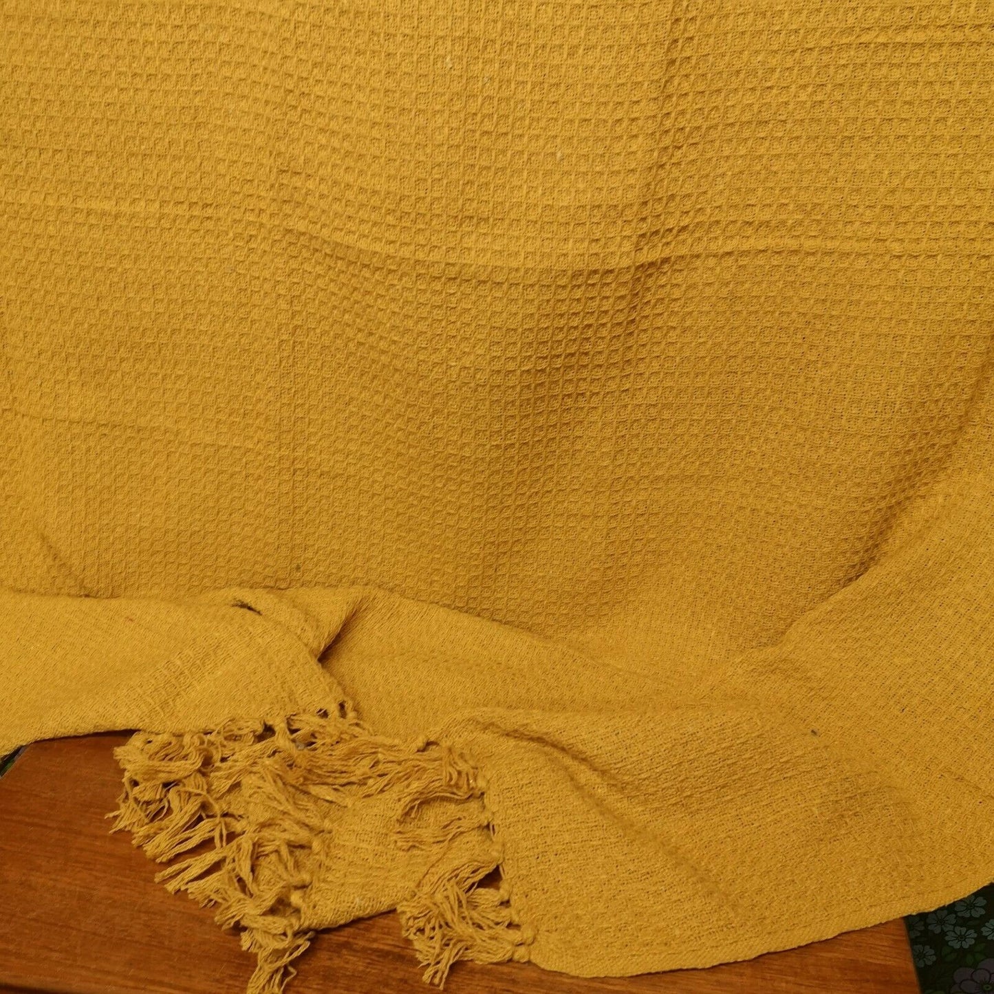 Yellow Waffle Picnic Blanket / Throw - Tasselled Cotton 127x152cm NEW