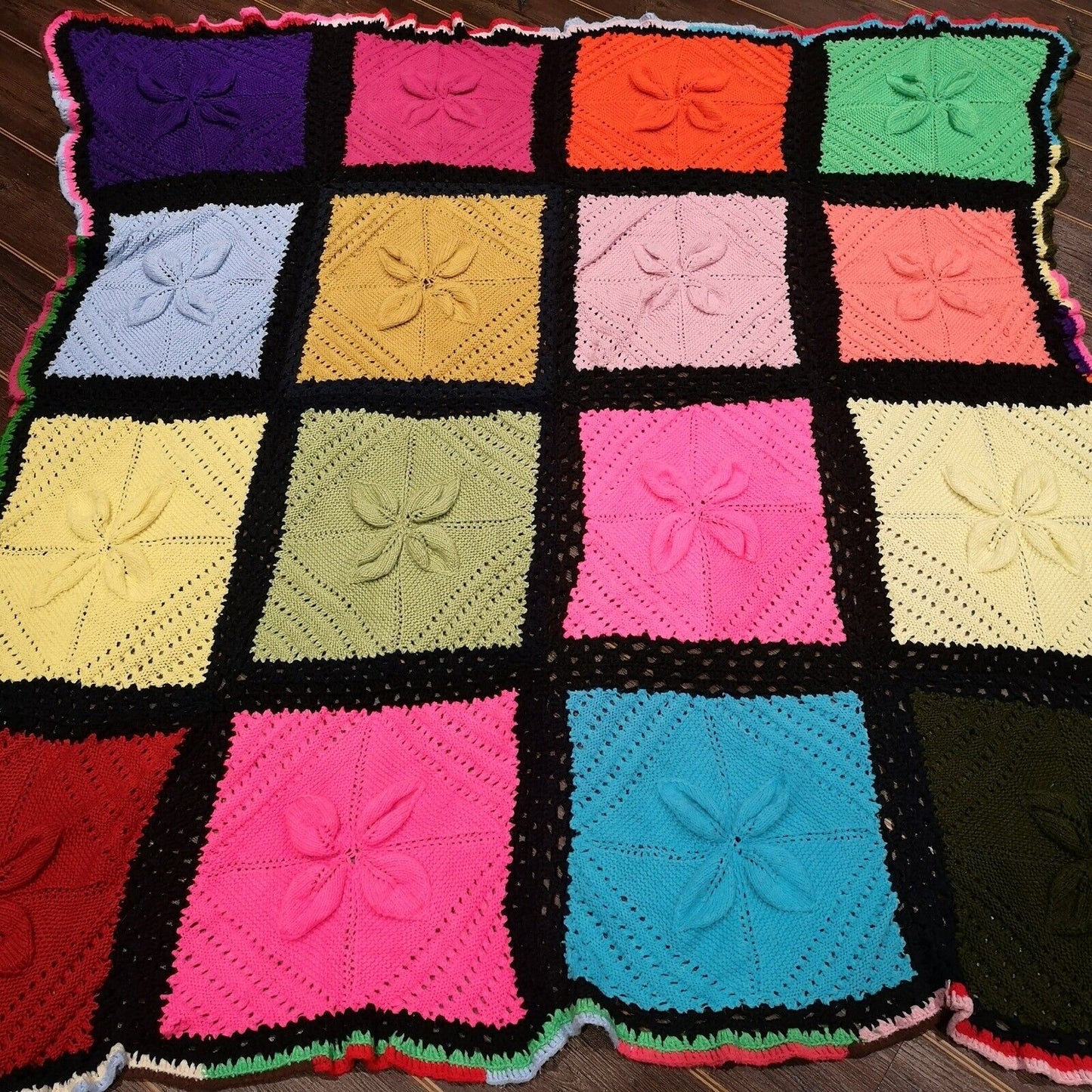 Bright Vintage Knitted Bedspread Crochet Wool Blanket Throw 80"x64"